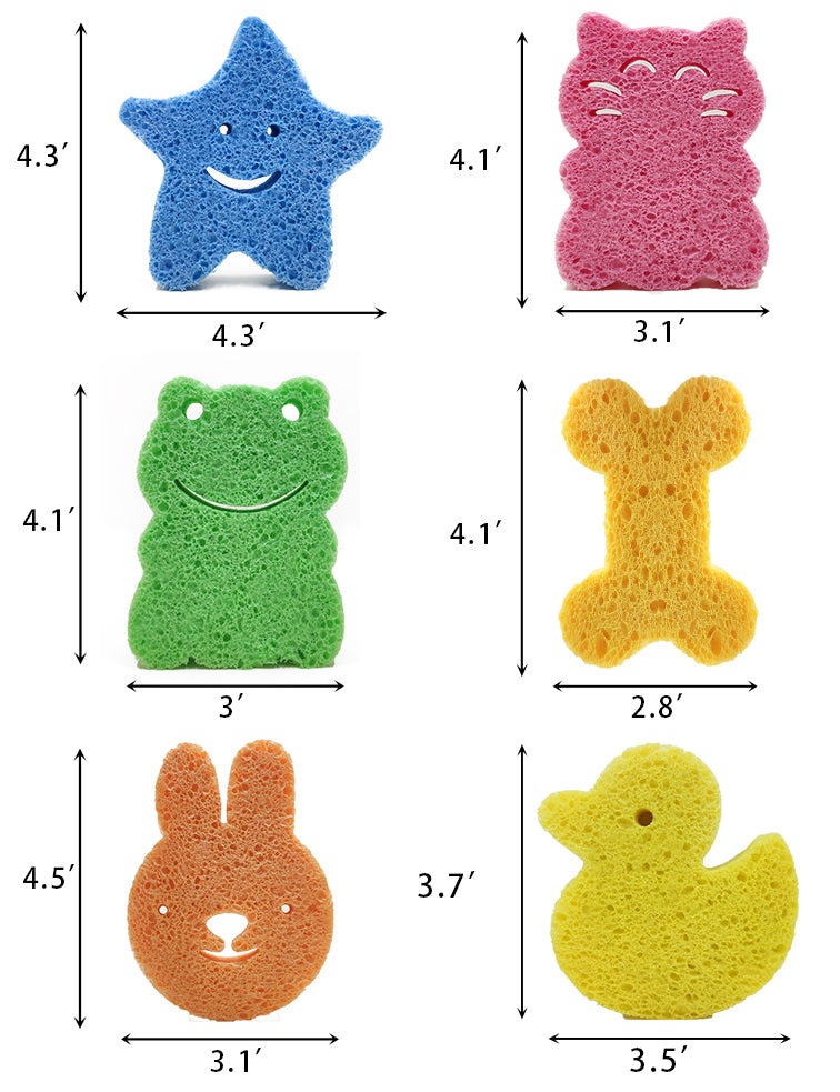 Baby Bath Sponge 6-Pack – Super Soft, Biodegradable, Fast-Drying Sponges For Infants & Kids (Fun Animal Shapes)